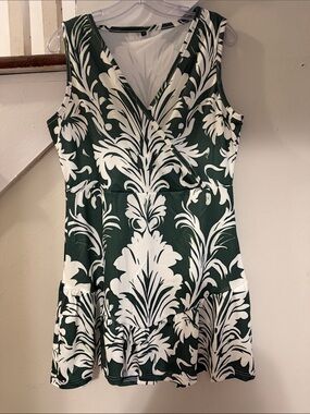 Amazon Dark Green & White Sleeveless Faux-Wrap Mini Dress